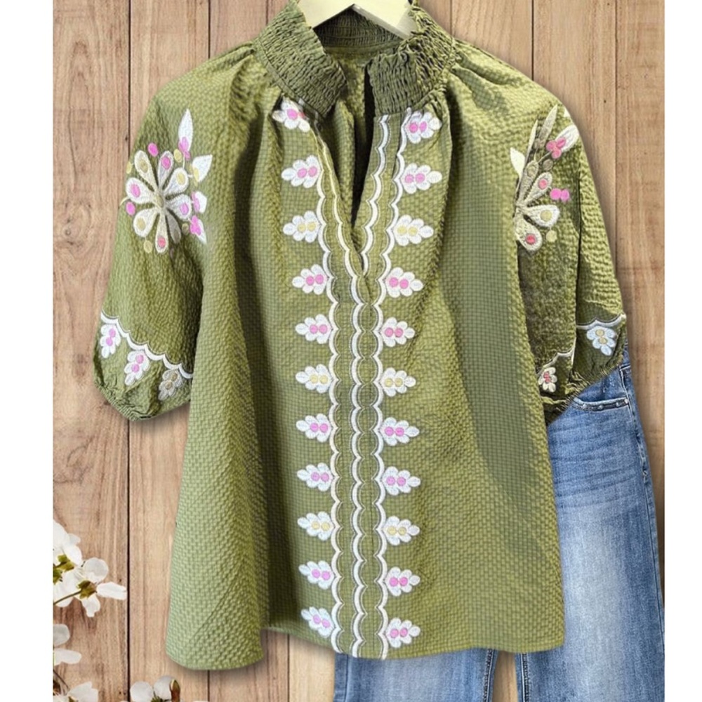 Olive Embroidered Blouse with Floral Accents